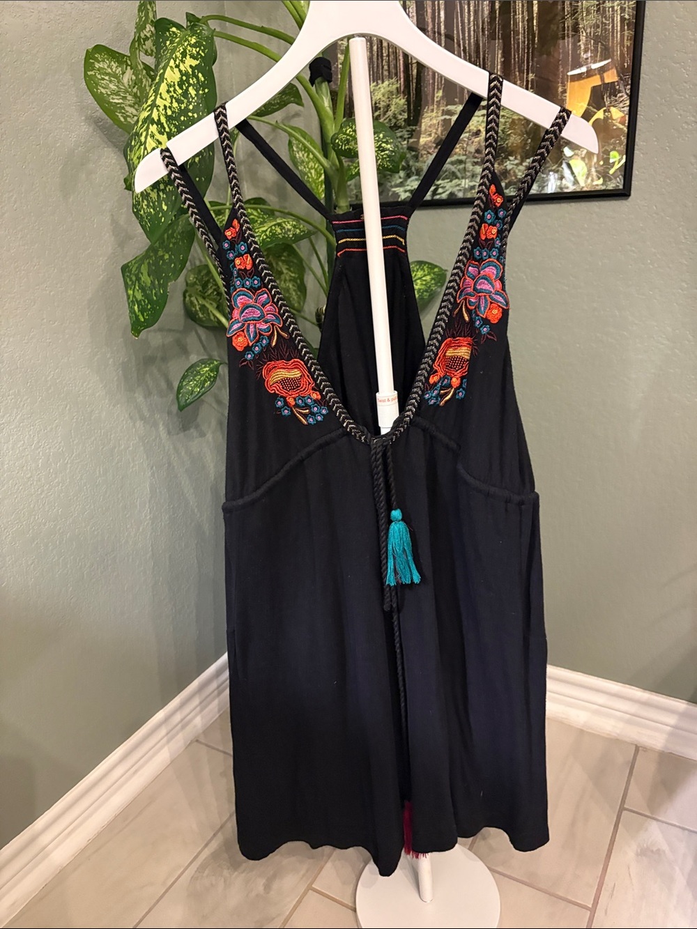 Free People Black Mini Dress with Multicolor Floral Embroidery and Teal Tassel